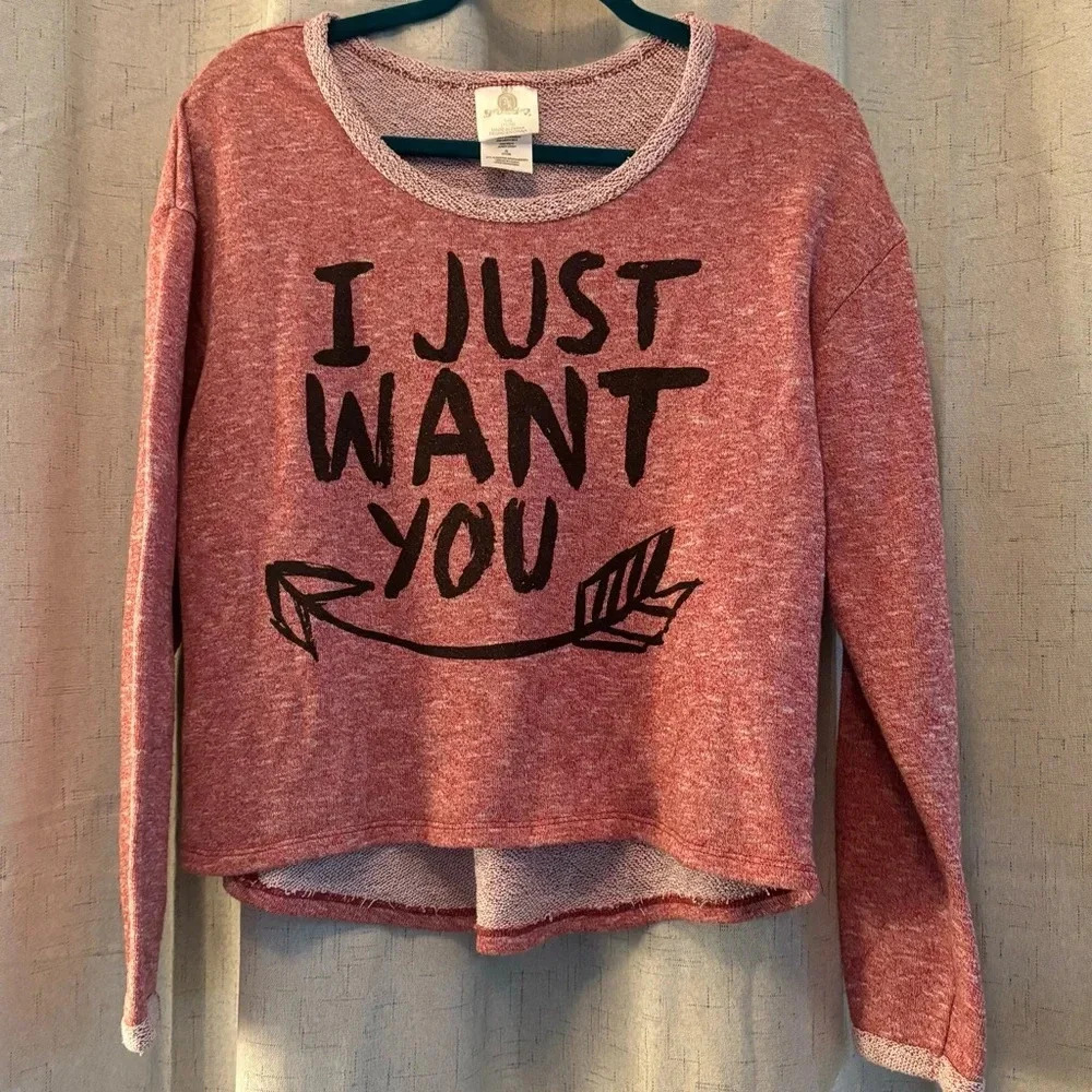 Juicy Couture Misses Pale‎ Red Crop Sweatshirt Size L, “I JUST WANT YOU”